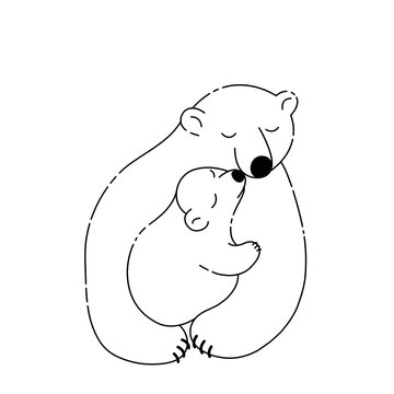 Hand-drawn polar bear hugs a little bear, black discontinuous outline, vector outline isolated on white background