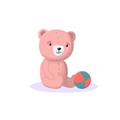 Cute pink teddy bear with a ball sits. Vector illustration on white isolated background