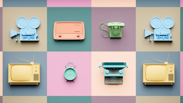Retro vintage technology objects in pastel grid pattern animation