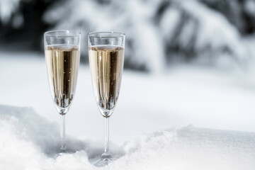 Closeup of two champagne flutes cooling in snow on winter nature background. Holiday celebration concept. Copy space.