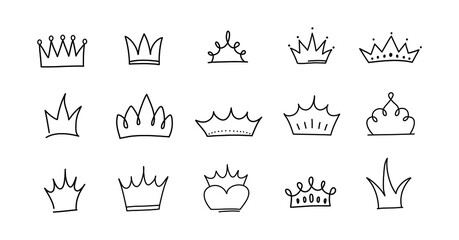 Cute doodle set of princess crown elements. Hand drawn vector illustration. Birthday, New Year's wedding elements for greeting cards, posters, stickers decoration decor. Isolated on white background	
