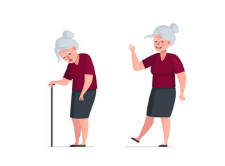 Elderly active joyful and unhealthy sick pensioner comparison. Healthy happy and sad tired old age concept. Weakness senior female with cane and aged woman dancing. Grandma vector illustration