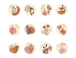 Vector abstract organic story set cover templates. Botanical illustration in earth tone colors.