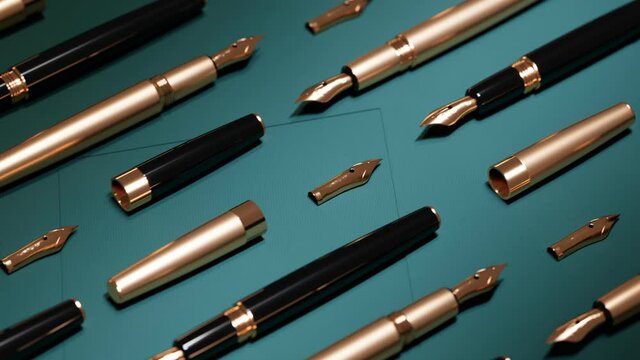 Many Fountain pens and nibs are arranged on a green paper sheets. Calligraphy.