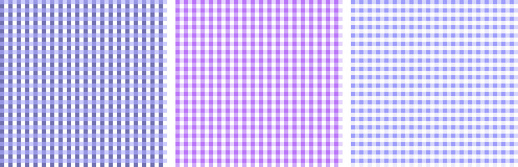 Seamless pattern with vichy texture in purple colors isolated on white background. Endless classic plaid pattern for cover, wear, kitchen interior design, fabric, or other. Vector illustration. Set.