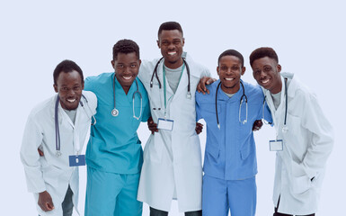 multinational group of doctors and interns standing together.