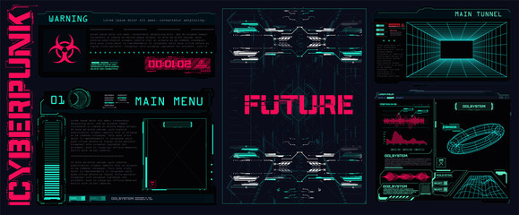 Good for game UI. Abstract digital technology Futuristic FUI, Virtual Interface. Callouts titles and frame in Sci- Fi style. Bar labels, info call box bars. Retrofuturistic posters with HUD elements