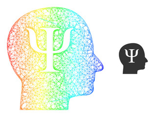 Net mesh psychology model icon with spectrum gradient. Colorful carcass net psychology icon. Flat model created from psychology icon and crossed lines.