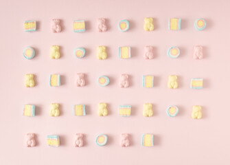 Pastel colors. Pattern made of candies. Colorful background. Gummy bears. Vintage colors.
