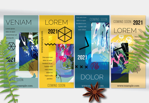 Flyer Layout with Geometric Shapes and Bright Abstract Artistic Brush Strokes