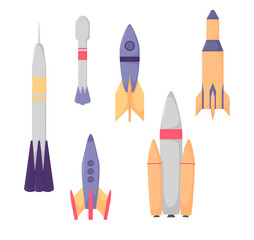 Rocket set vector and technology ship rocket cartoon design isolated on white. Rocket vehicle stickers