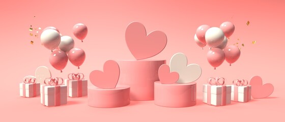 Hearts with gift boxes - Appreciation and love theme - 3D render - obrazy, fototapety, plakaty