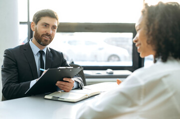 Interview, hiring concept. Caucasian successful CEO company, hiring manager, interviewing an...