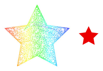Obraz premium Mesh net red star frame icon with spectral gradient. Colored carcass net red star icon. Flat carcass created from red star icon and intersected lines.