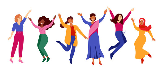 Women jumping. Multicultural girls with different skin color. Group of diversity women celebrating International Women's Day. Diverse multinational women. Vector illustration isolated on white