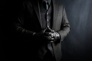 Portrait of Elegant Gentleman in Dark Suit and Leather Gloves on Black Background. Vintage Style...