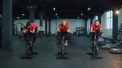 Group of athletic young girls training on spin stationary bike riding in gym. Fit women performs aerobic endurance training workout cardio routine on simulators, cycle training on exercise bike indoor