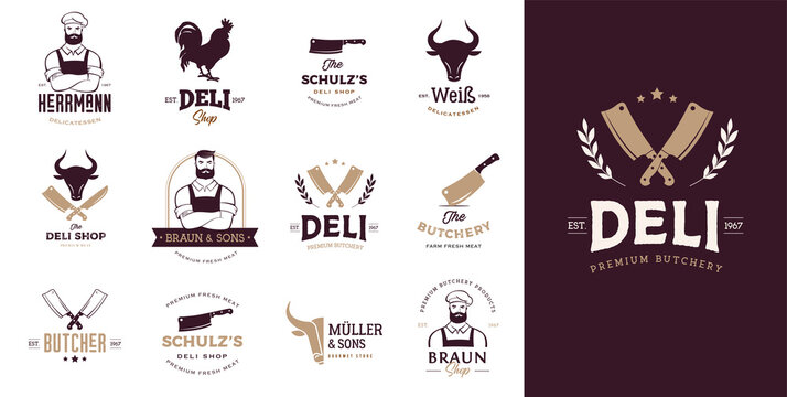 Butcher shop, gourmet, deli store logo design. Hipster butcher, knifes and cow symbols