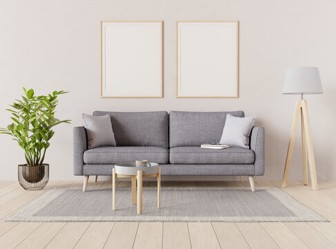 Living room interior with sofa, floor lamp and plant. Two picture mock ups on the wall 3D render. 3D illustration.