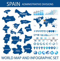 Spain administrative divisions and World map - obrazy, fototapety, plakaty