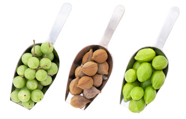 Triphala, ayurvedic fruits isolated on white background with clipping path. top view ,flat lay.