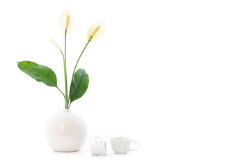 Peace lily flowers and coffee cup isolated on white background.