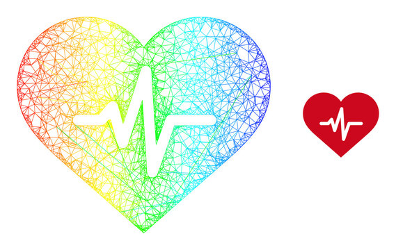 Crossing mesh heart pulse frame icon with spectrum gradient. Colorful carcass mesh heart pulse icon. Flat carcass created from heart pulse icon and intersected lines.
