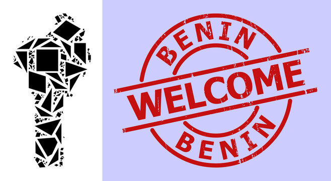Simple geometric mosaic map of Benin with rubber stamp seal. Red stamp seal has Welcome title inside round and lines form. Vector mosaic map of Benin collage constructed with chaotic triangles,
