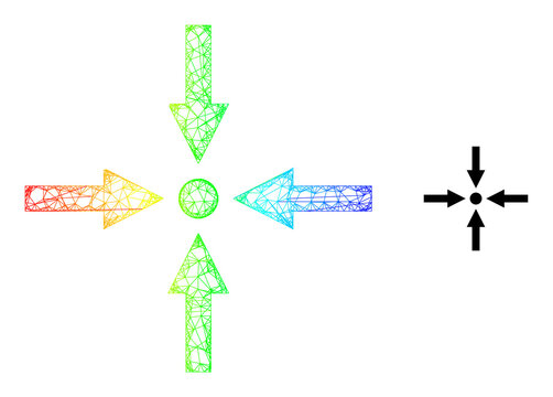 Crossing mesh meeting point framework icon with rainbow gradient. Vibrant carcass net meeting point icon. Flat mesh created from meeting point icon and crossing lines.
