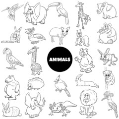 black and white cartoon wild animal species characters big set