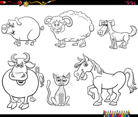 cartoon funny farm animals characters set coloring book page