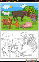 cartoon farm animals group coloring book page