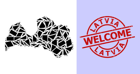 Simple geometric mosaic map of Latvia with grunge stamp seal. Red stamp seal has Welcome caption inside circle and lines shape. Vector mosaic map of Latvia collage constructed of randomized triangles,