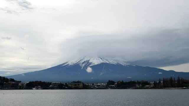 time lapse mountain fuji with cloudy sky in japan