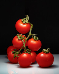Several tomatoes on a green branch