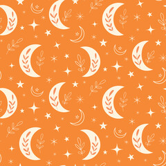 Boho moon seamless pattern in white over orange background with stars and sparkles. Great for home décor, textile ,fabric ,wallpaper and fashion print