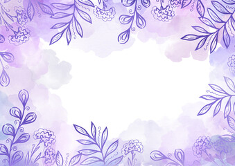 Fototapeta na wymiar Watercolor violet provence background. Frame with white Backdrop. Floral elements. White leaves. Multicolorcolor Backdrop. Blot and Splash