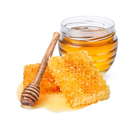 Glass jar with honey, honeycomb and wooden honey dipper isolated on white background
