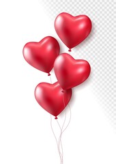 Fototapeta na wymiar Realistic red 3d heart balloons isolated on transparent background. Air balloons for Birthday parties, celebrate anniversary, weddings festive season decorations. Helium vector balloon.