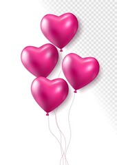 Realistic pink 3d heart balloons isolated on transparent background. Air balloons for Birthday parties, celebrate anniversary, weddings festive season decorations. Helium vector balloon.