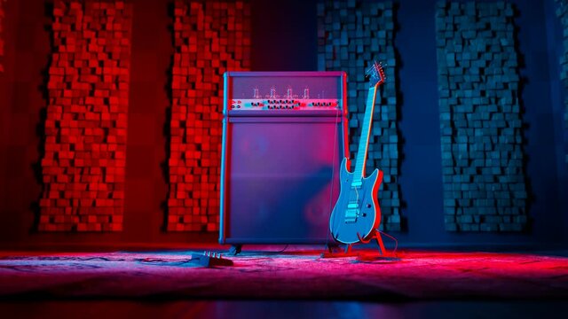 Blue Electric Guitar and Amplifier in Neon Lit Music Studio