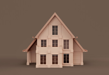 Monochrome single house, miniature house model flat and solid brown color, Real estate property, 3d Rendering