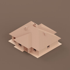 Isometric monochrome single detached house, miniature detached house model flat and solid brown color, 3d Rendering
