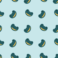 Frog pattern seamless in freehand style. Head predator on colorful background. Vector illustration for textile.