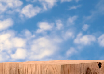Wooden product display podium. Blue sky. White cloud. 3D render. Cosmetic product exhibition stand