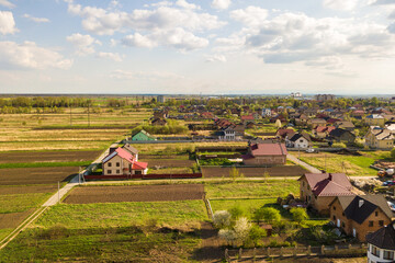 Aerial view of rural area in town with residential houses