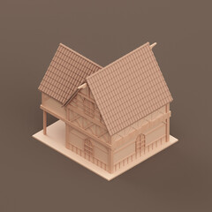 Isometric monochrome single village house, miniature real estate property, a house flat and solid brown color, 3d Rendering