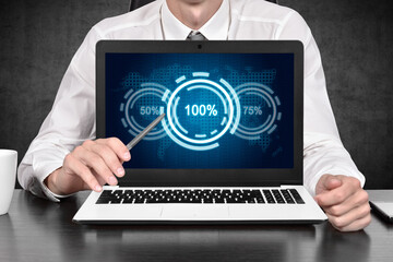 Businessman pointing on laptop screen with preadsheet, analytics data and percentage charts