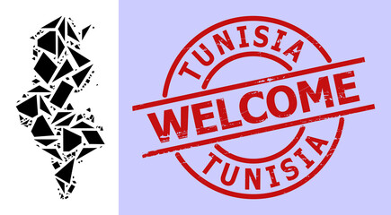 Simple geometric mosaic map of Tunisia with rubber watermark. Red stamp includes Welcome title inside round and lines template. Vector mosaic map of Tunisia collage designed with random triangles,