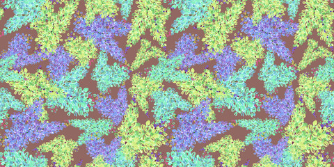 Spring Seamless Pattern of Floral elements in style doodle wedding theme on brown Background. Blue, yellow, violet and green blossom Flowers Patterns with packaging and scrapbooking